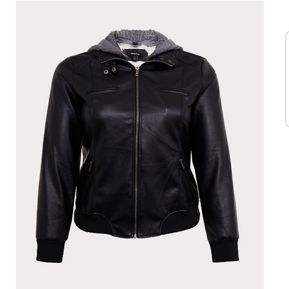 Womens Black Faux Leather Hooded BomberJacket